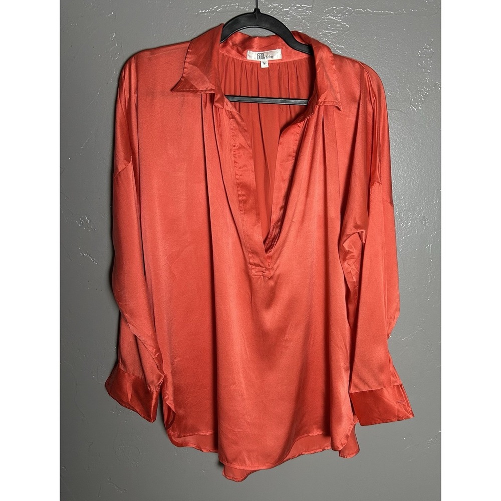 Women's My Tribe Red Long Blouse, Deep V Size M 100% Silk Long Sleeves